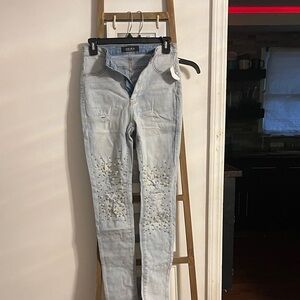 AKIRA Light Blue Embellished Skinny Jeans